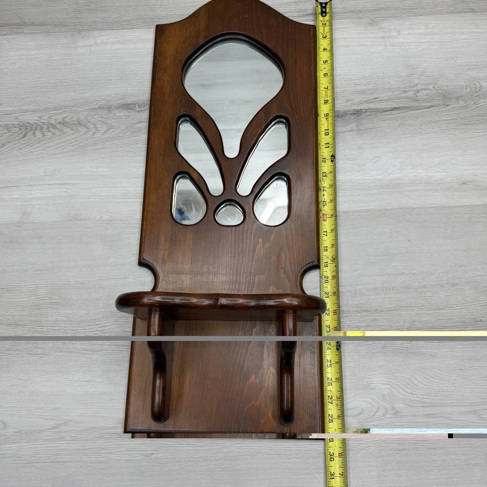 Vintage Wood Wall Shelf Mirror Inlay Display Shelf Pegs Handmade 1983 Folk Art
